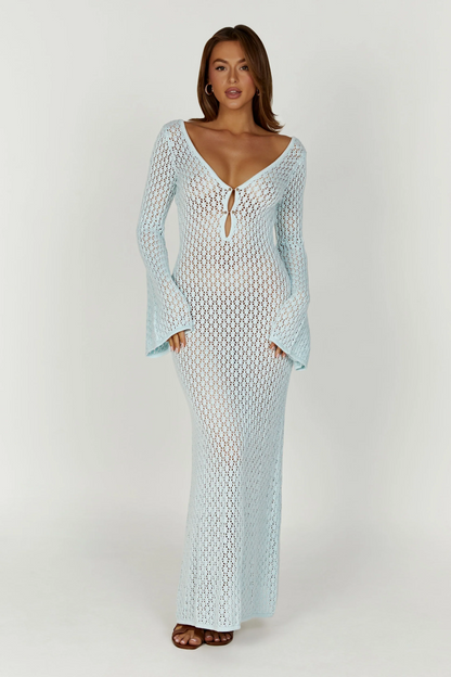 Light blue women's maxi crochet beach dress with V-neck keyhole front and long bell sleeves