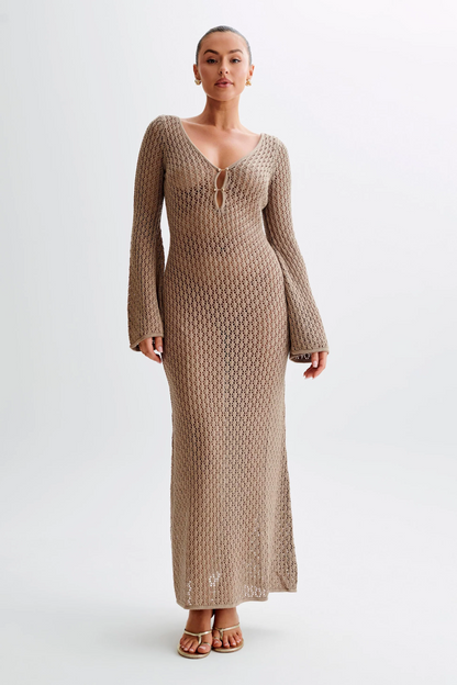 Taupe women's bodycon fit crochet maxi beach dress with V-neck keyhole and long bell sleeves