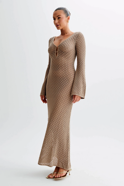 Taupe open-knit crochet maxi dress in side angle, V-neck keyhole front and long flared sleeves
