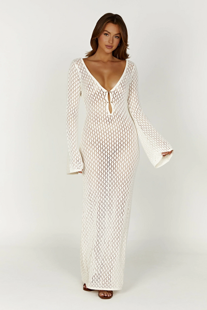White women's maxi crochet V-neck long sleeve beach dress with open knit and keyhole front