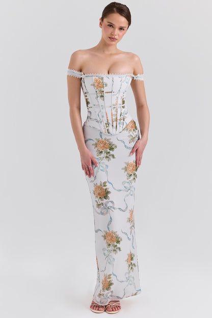 Front view of a white off-shoulder corset floral maxi dress, highlighting the fitted bodice and flowing skirt with orange roses.