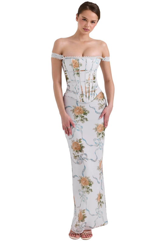 Elegant white off-shoulder corset floral maxi dress with orange roses and blue ribbons, perfect for wedding guests or vacation outfits.