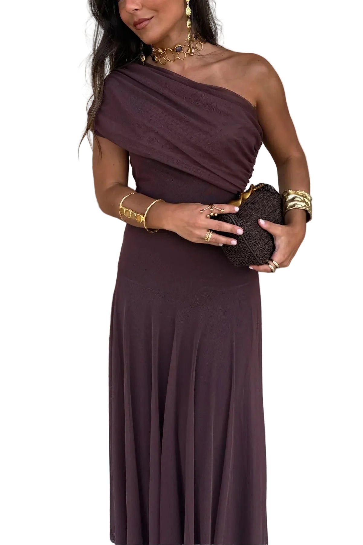 Elegant women's off-shoulder draped mesh maxi dress in a rich brown color, featuring a one-shoulder design and flowing skirt.
