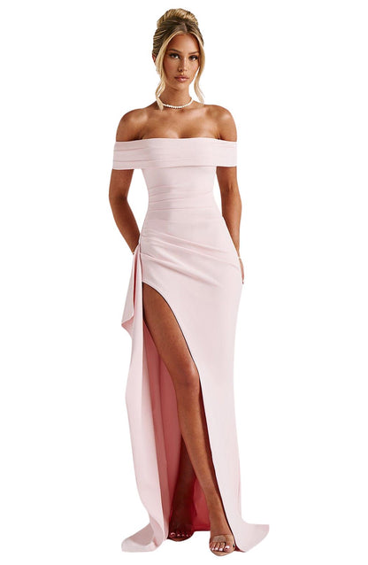 Women's Off Shoulder Pleated Slit Maxi Dress