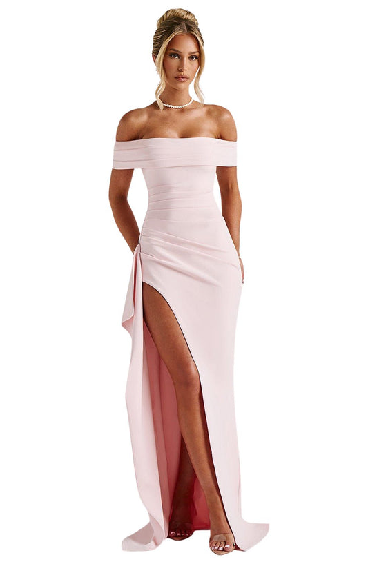 Women's Off Shoulder Pleated Slit Maxi Dress