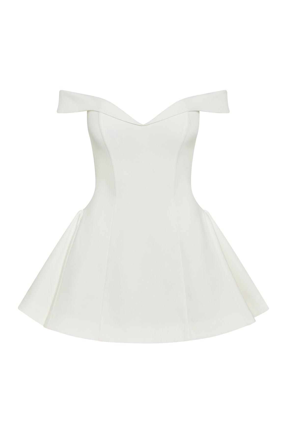 White off shoulder sweetheart corset babydoll mini dress flat lay, structured bodice and skater hem