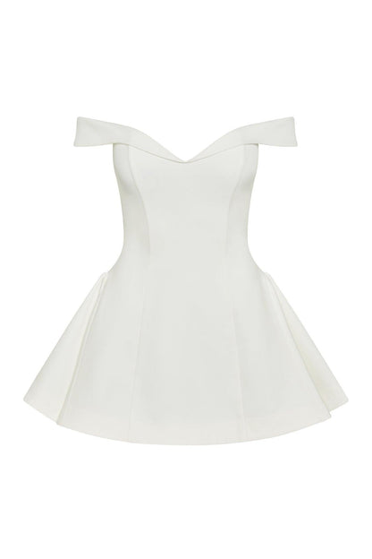 White off shoulder sweetheart corset babydoll mini dress flat lay, structured bodice and skater hem