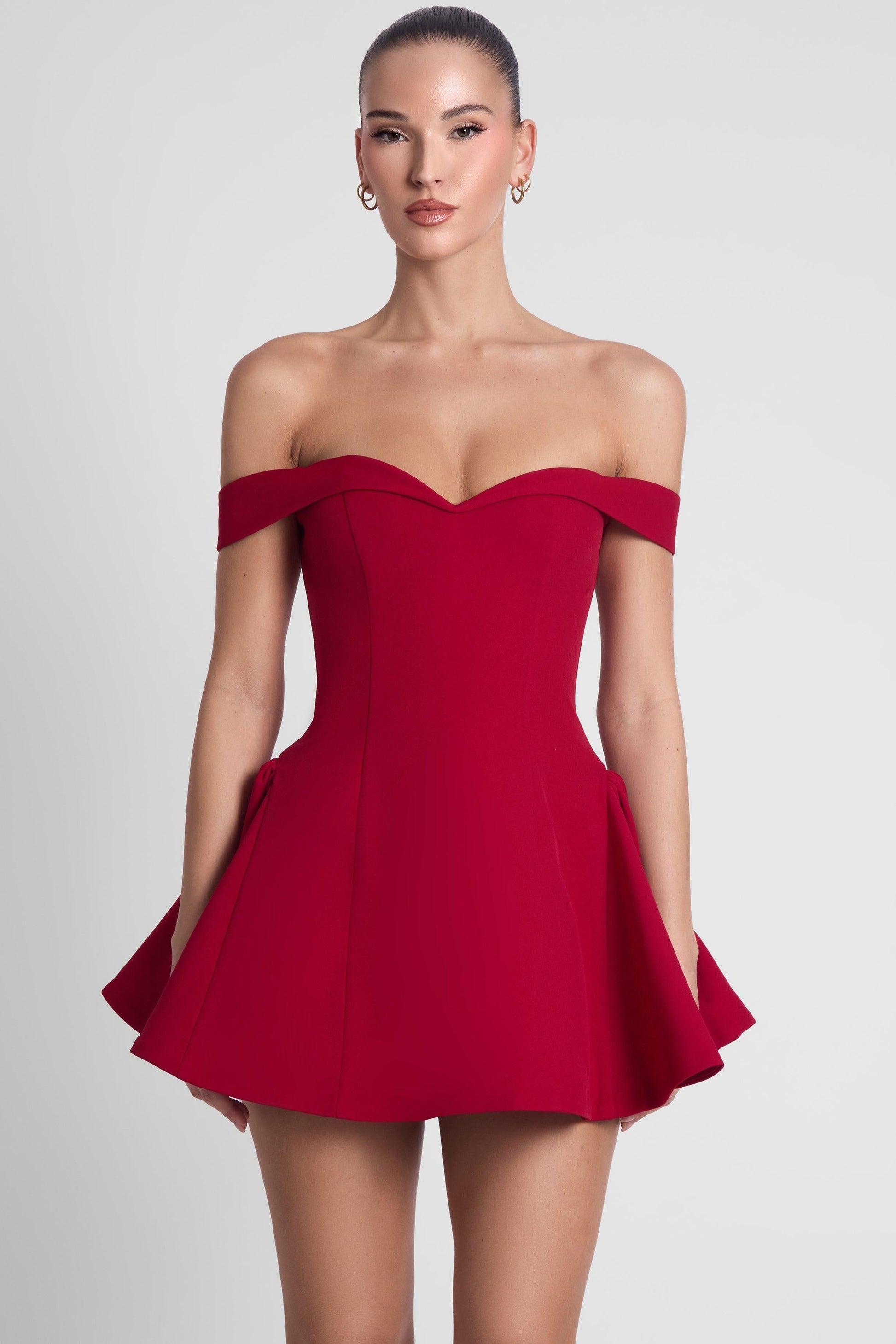 Burgundy red off shoulder sweetheart corset babydoll mini dress with structured fit-and-flare skirt