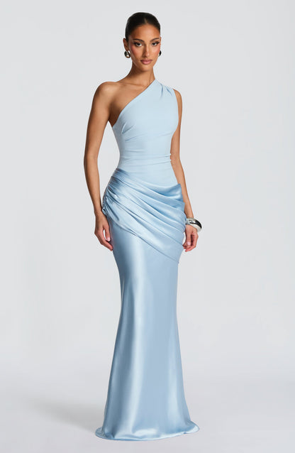 Front view of a women's light blue one-shoulder formal maxi dress, perfect as a bridesmaid dress or for a formal event.