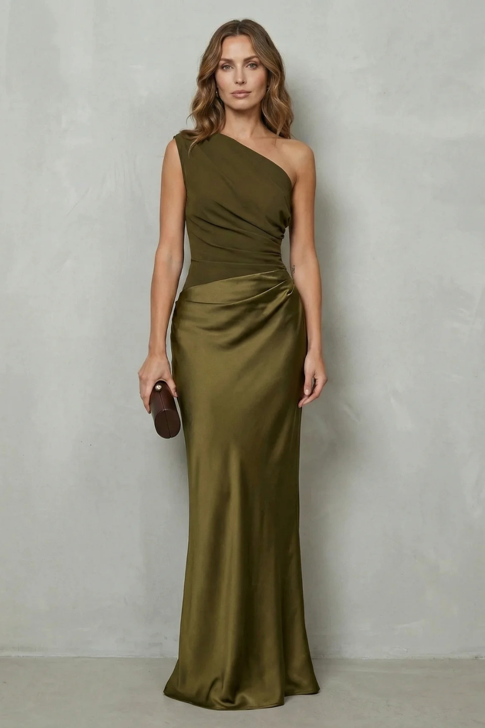 Olive green one-shoulder draped satin maxi dress for women, showcasing the luxurious satin and elegant draping, suitable for an elegant wedding guest dress.