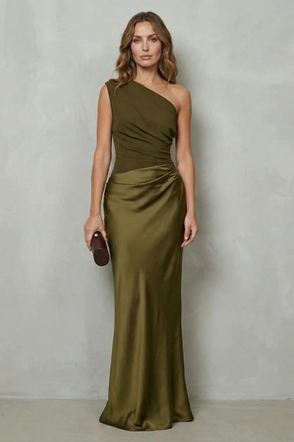 Olive green one-shoulder draped satin maxi dress for women, showcasing the luxurious satin and elegant draping, suitable for an elegant wedding guest dress.