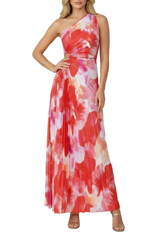 Women red and pink floral maxi dress with one-shoulder neckline and pleated skirt on a white background