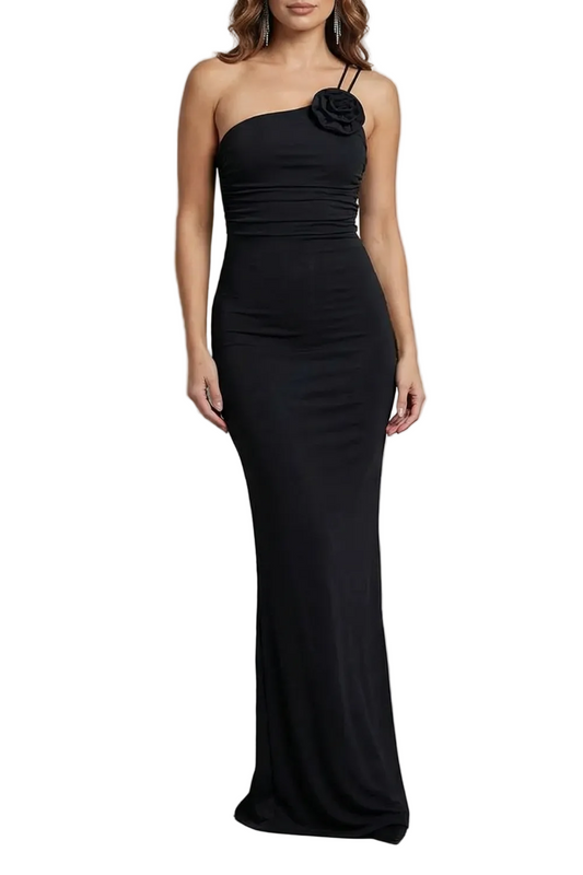 Black one shoulder bodycon maxi dress with a floral detail on the strap, elegant for wedding guests.
