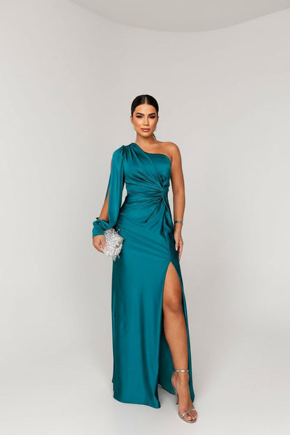 Teal one-shoulder knotted maxi dress with a front split, a stylish vacation dress option.