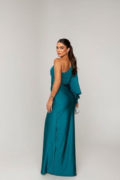 Back view of the teal one-shoulder maxi dress, showcasing the smooth fabric and design.
