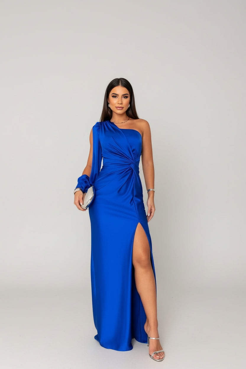 Vibrant royal blue one-shoulder knotted maxi dress with a high split, a stunning wedding guest dress.