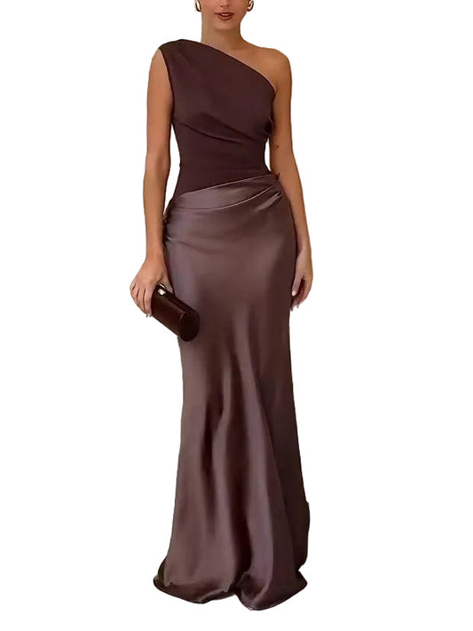 Elegant brown one shoulder pleated maxi dress with a satin skirt, perfect for formal events.