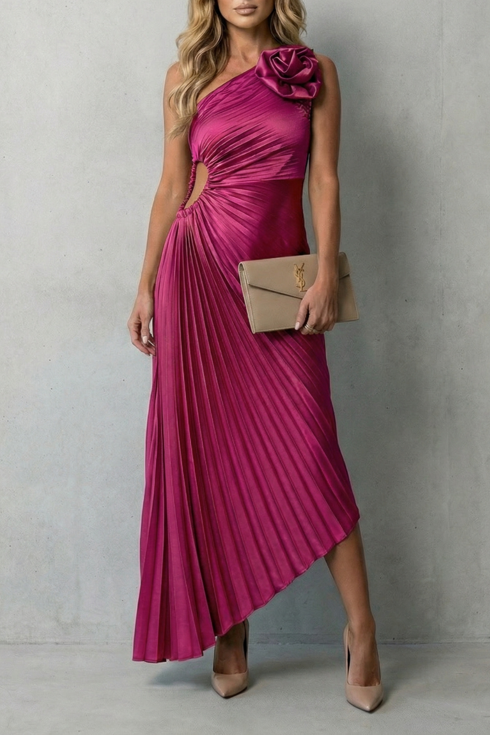 Full length shot of the fuchsia one-shoulder pleated maxi dress, highlighting its elegant silhouette.