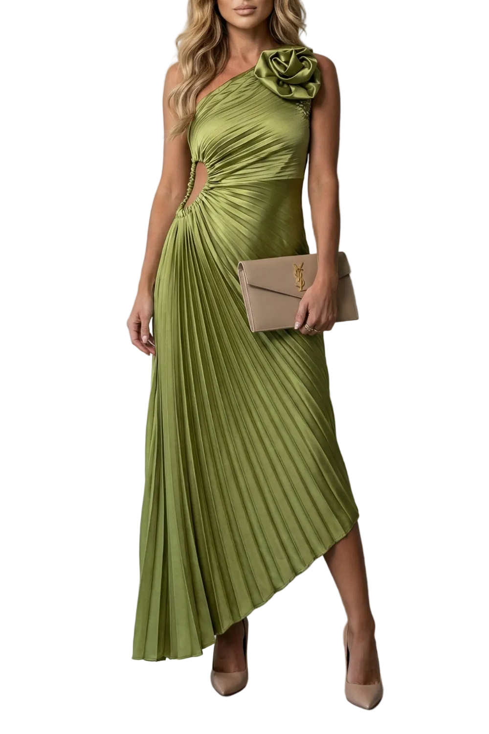 Elegant olive green one-shoulder pleated maxi dress with side cut-out, featuring a floral shoulder detail.