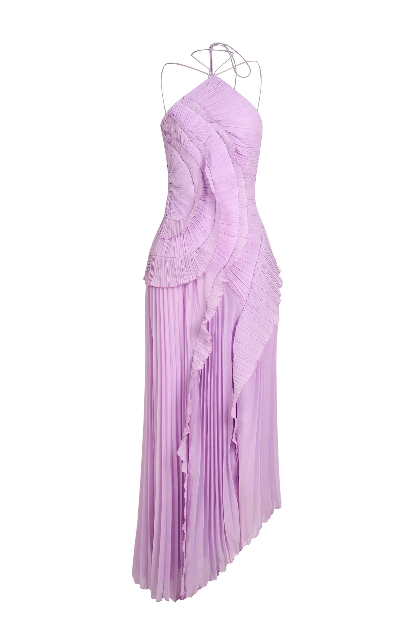 Studio shot of the women's one-shoulder ruffle pleated midi dress in lilac, highlighting its full design and details.