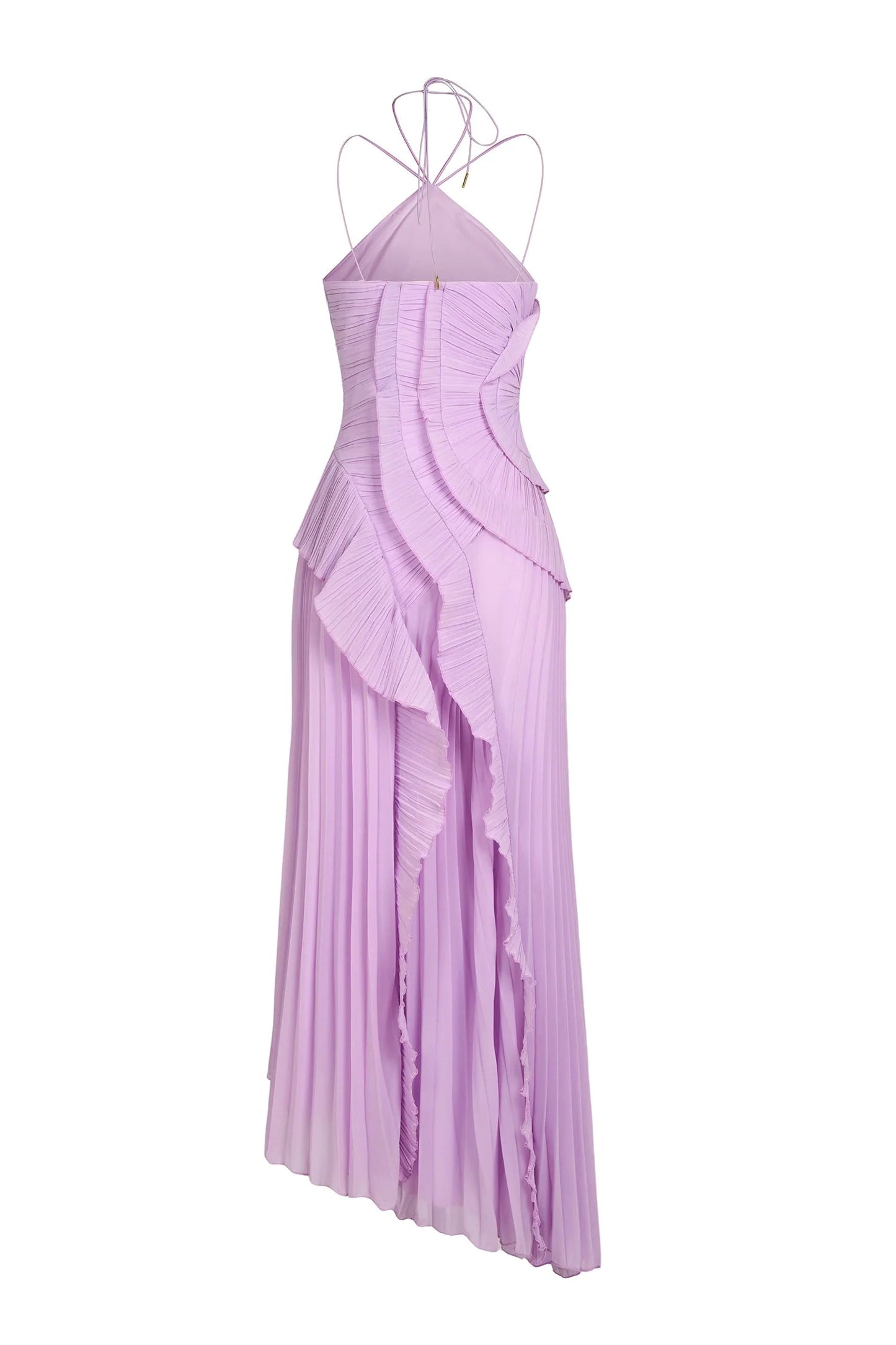 Back view of a light purple one-shoulder pleated midi dress with intricate ruffle detailing and halter neck straps.