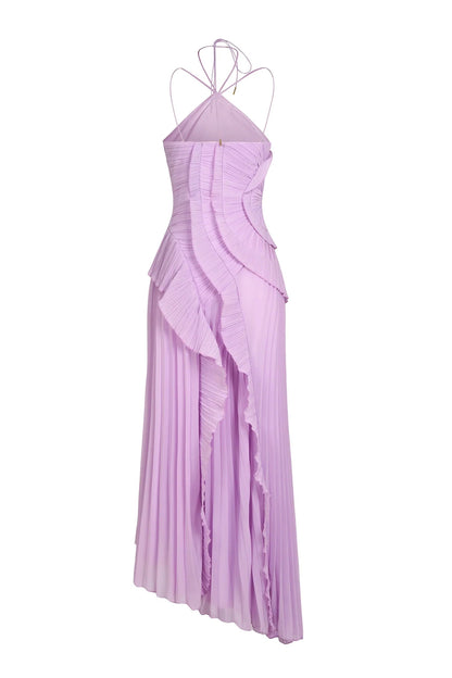 Back view of a light purple one-shoulder pleated midi dress with intricate ruffle detailing and halter neck straps.