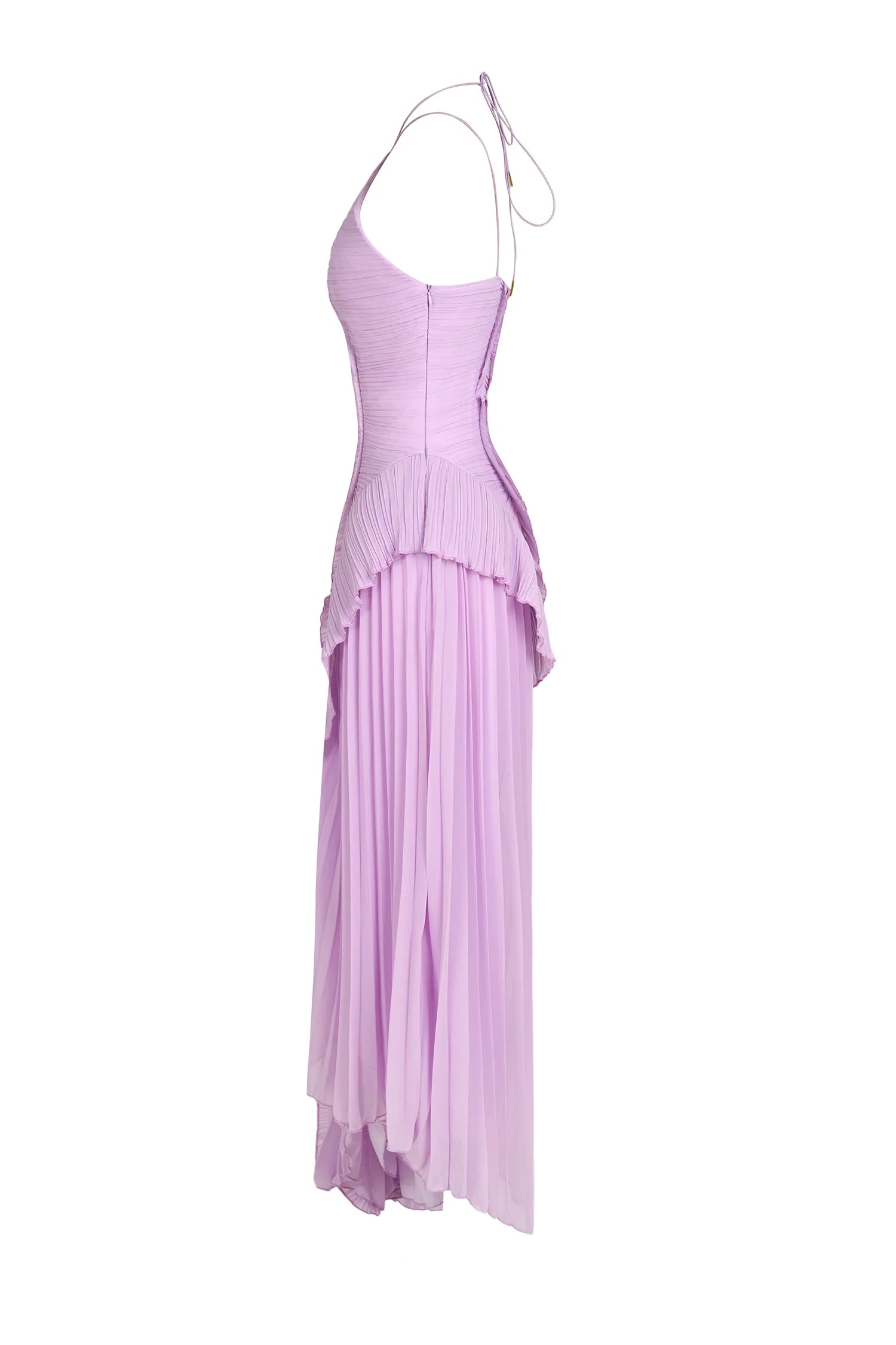 Side view of a light purple one-shoulder pleated midi dress, showcasing the layered ruffles and flowing skirt.