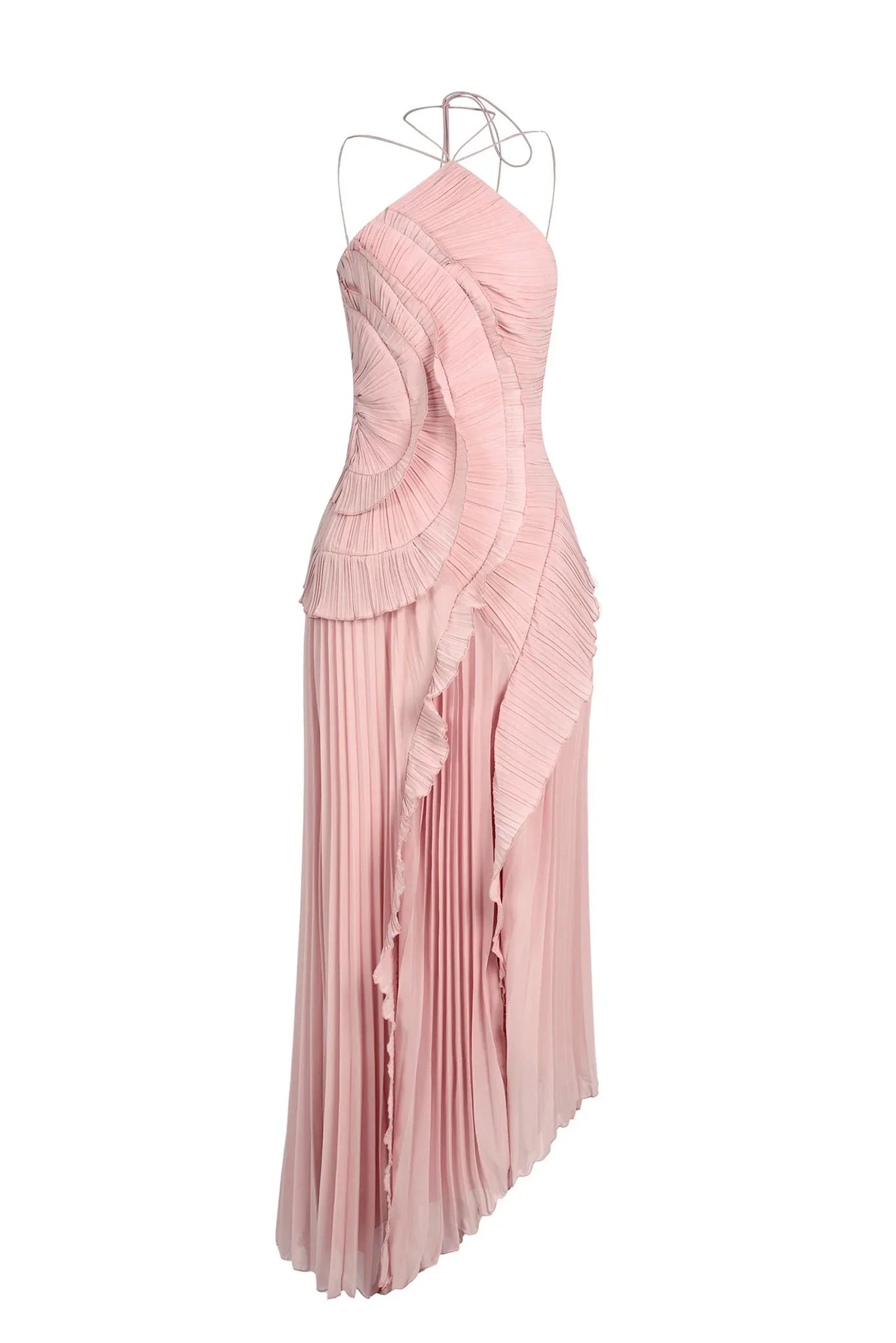 Front view of a blush pink one-shoulder pleated midi dress with an asymmetrical hem and elegant ruffled design.