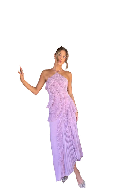 Elegant women's one-shoulder ruffle pleated midi dress in a soft lilac color, styled with metallic heels.