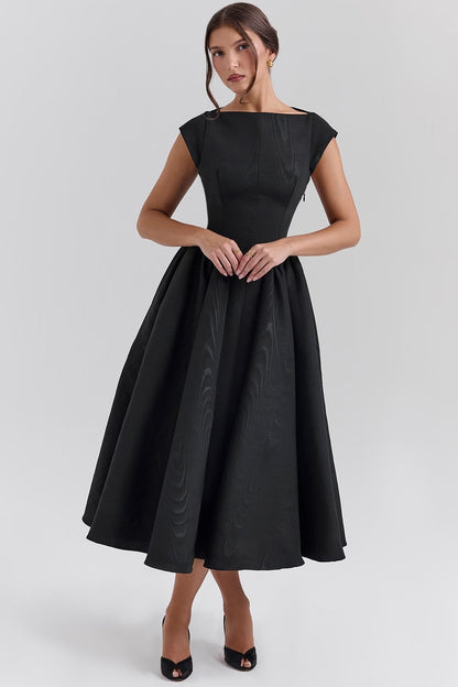 Front detail of a black square neck midi dress, showing the fitted bodice and full A-line skirt.