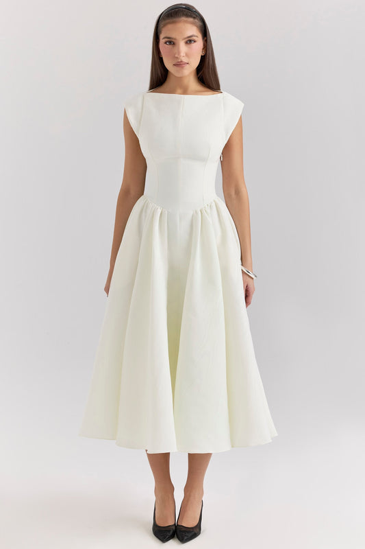 Front view of a white square neck midi dress with cap sleeves and a full skirt, perfect for wedding guests.