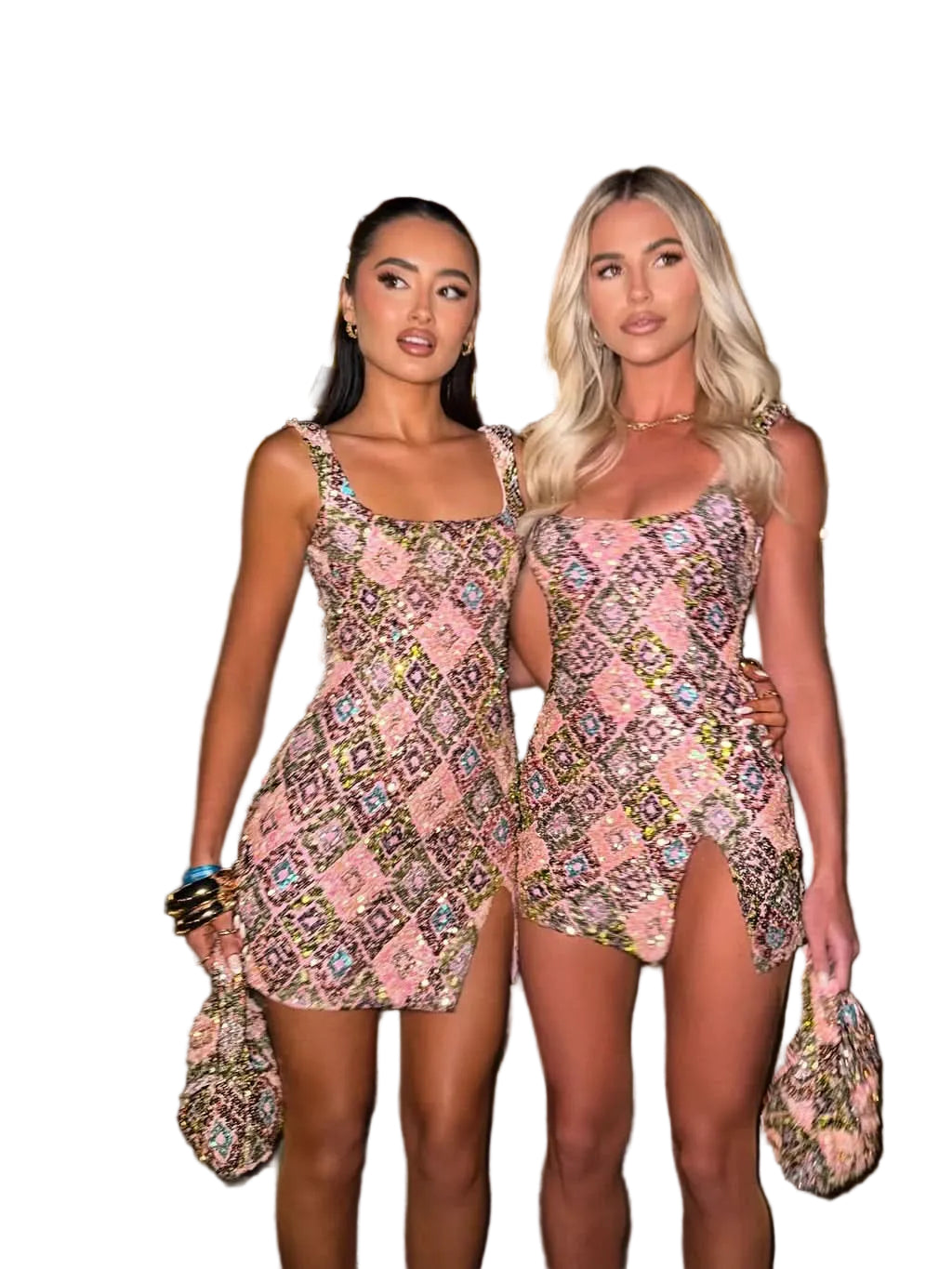 Two women wearing pink sequin square neck mini dresses with diamond patterns and side slits.