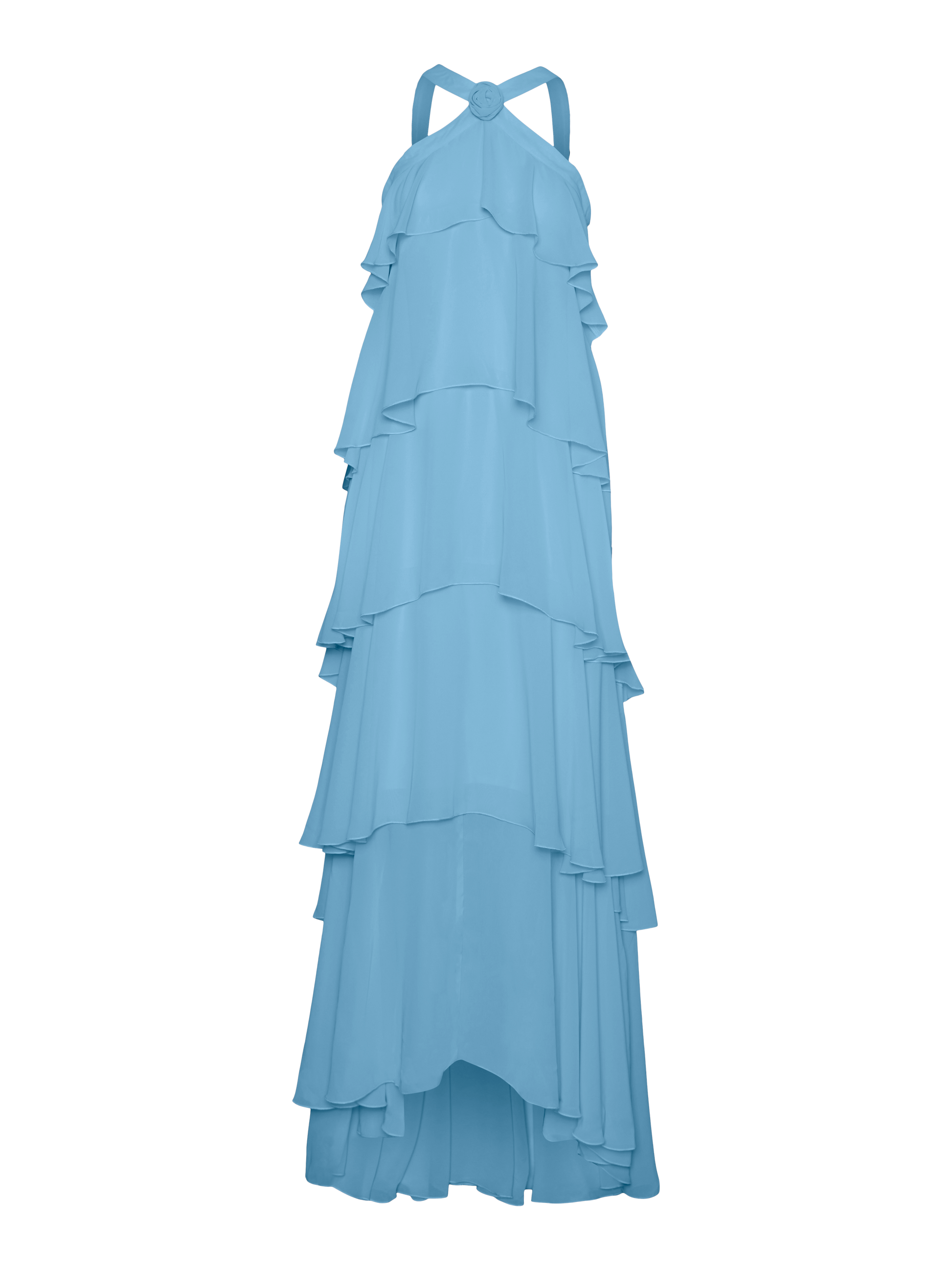 Back view of a woman in a light blue tiered ruffled maxi dress, showcasing the open back and halter neck straps, perfect for elegant wedding guests.