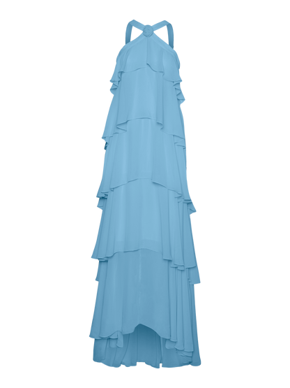 Back view of a woman in a light blue tiered ruffled maxi dress, showcasing the open back and halter neck straps, perfect for elegant wedding guests.