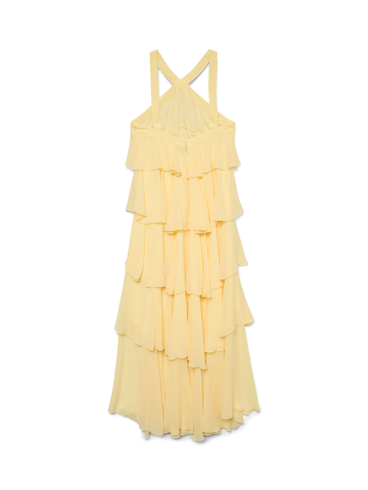 Back view of a woman in a yellow halter ruffle backless maxi dress, showcasing the open back design and cascading tiered ruffles, perfect for elegant dresses for wedding guests.