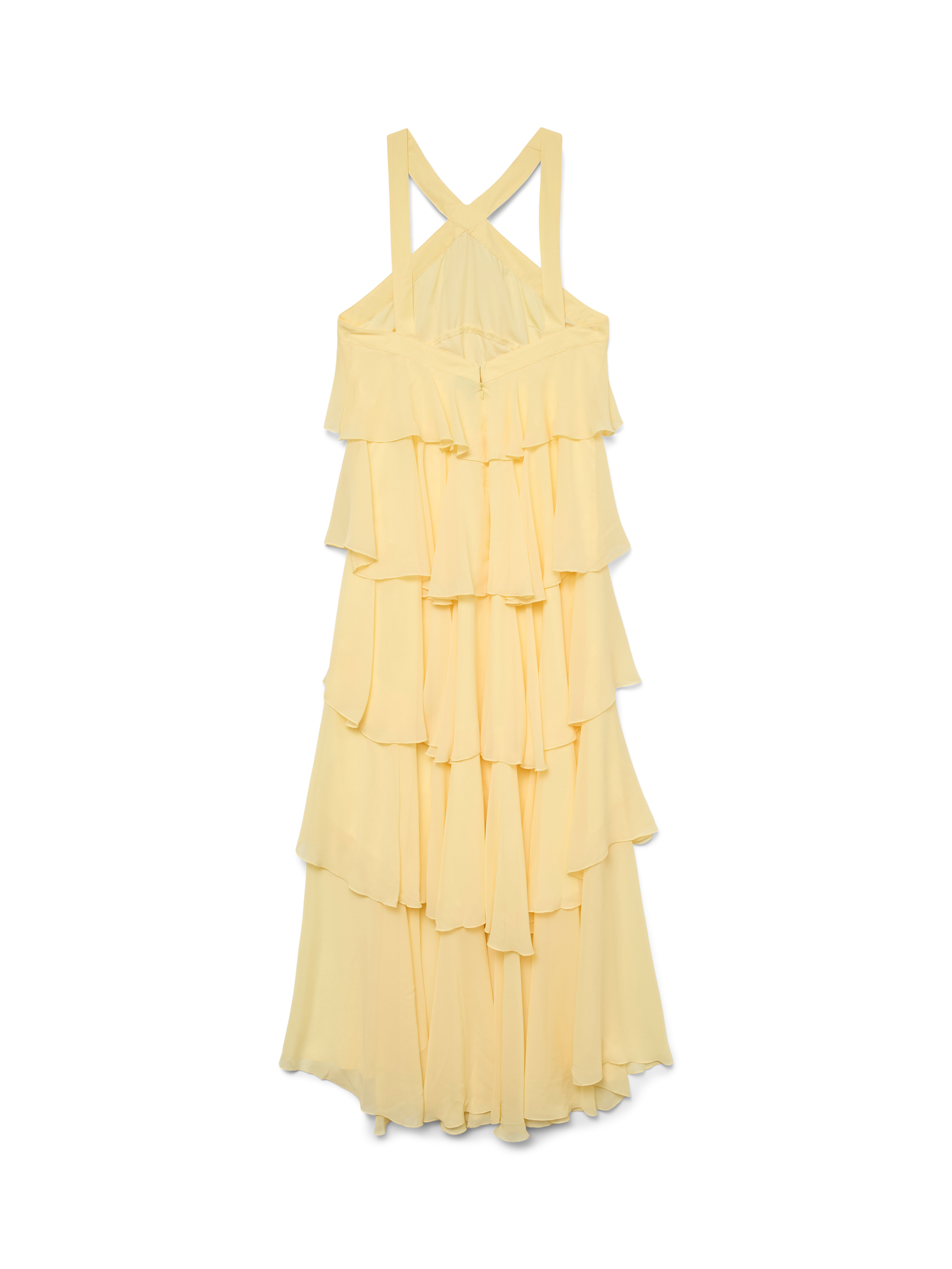 Back view of a woman in a yellow halter ruffle backless maxi dress, showcasing the open back design and cascading tiered ruffles, perfect for elegant dresses for wedding guests.