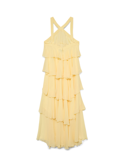 Back view of a woman in a yellow halter ruffle backless maxi dress, showcasing the open back design and cascading tiered ruffles, perfect for elegant dresses for wedding guests.
