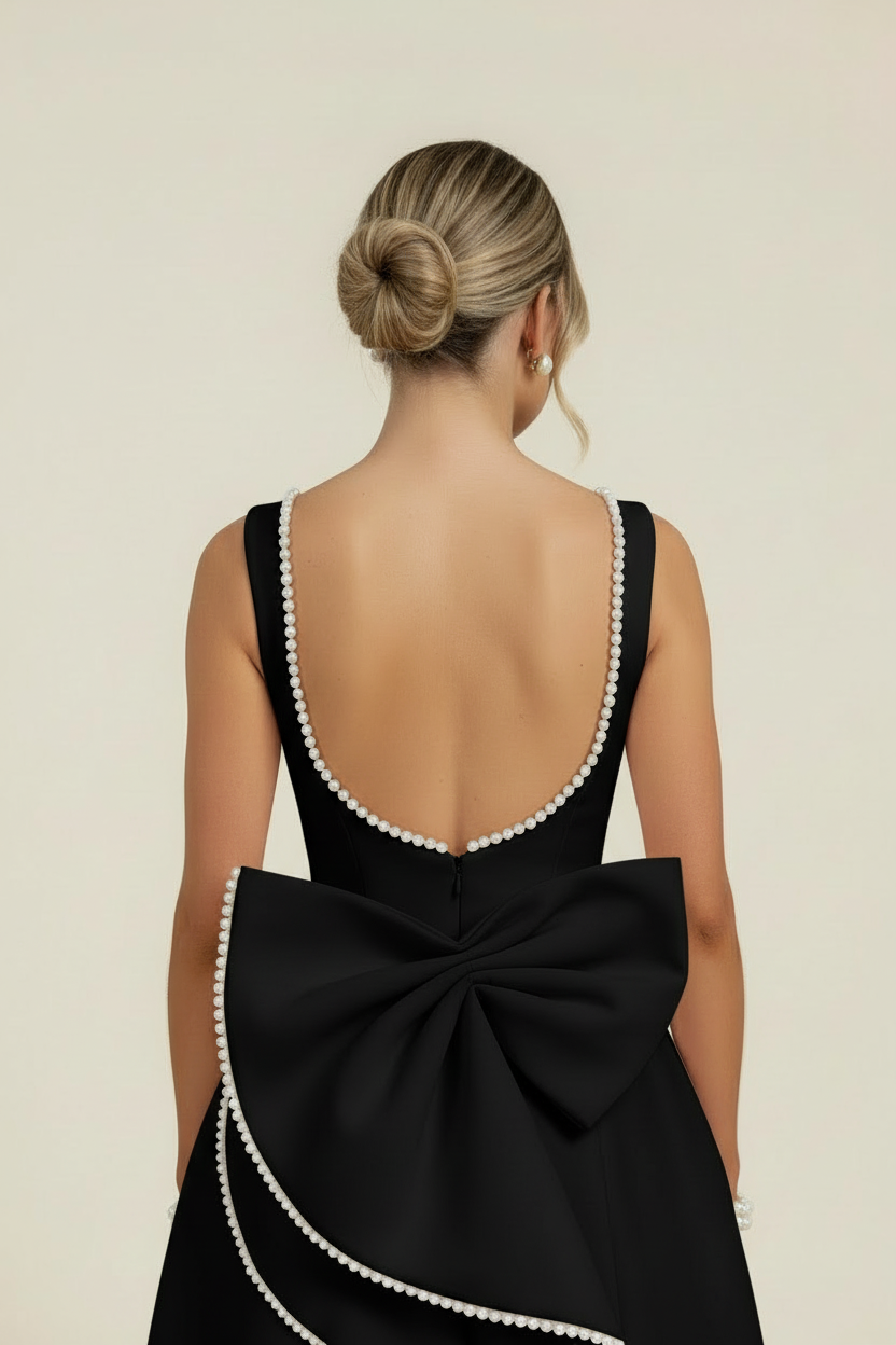 Back close-up of a black mini dress with a deep scoop back, pearl trim, and a prominent black bow with pearl edges.