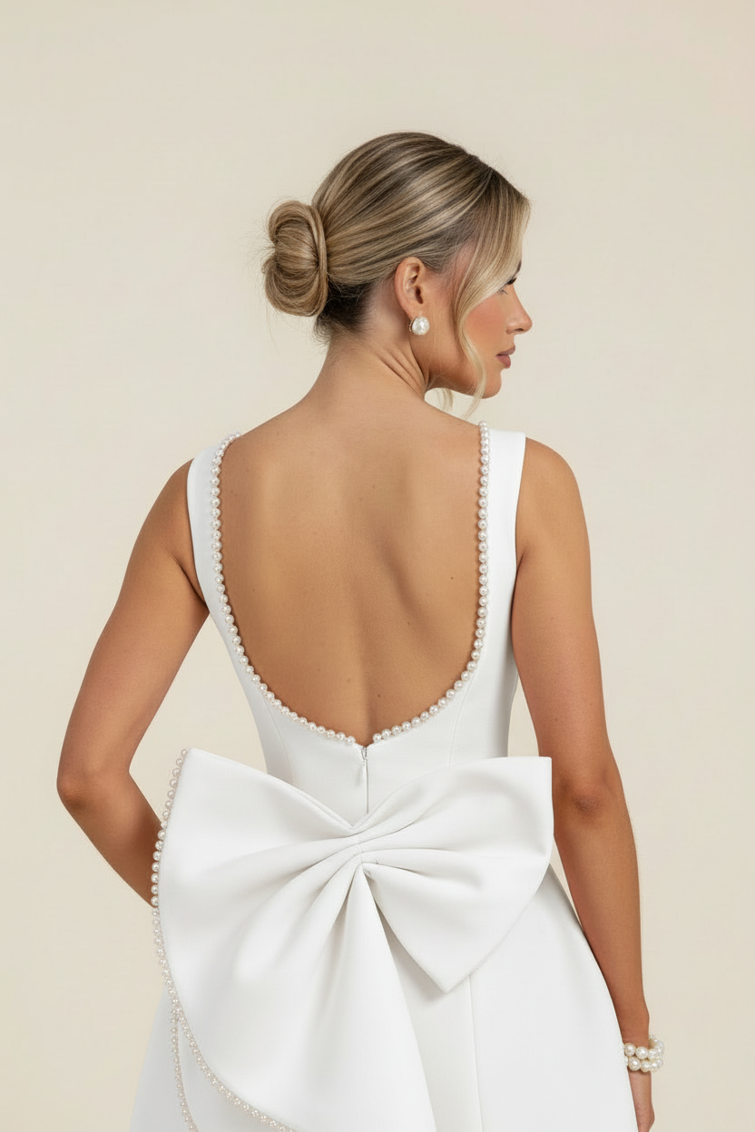 Detailed back view of a white pearl bow scoop back mini dress, focusing on the pearl-lined neckline and large bow.