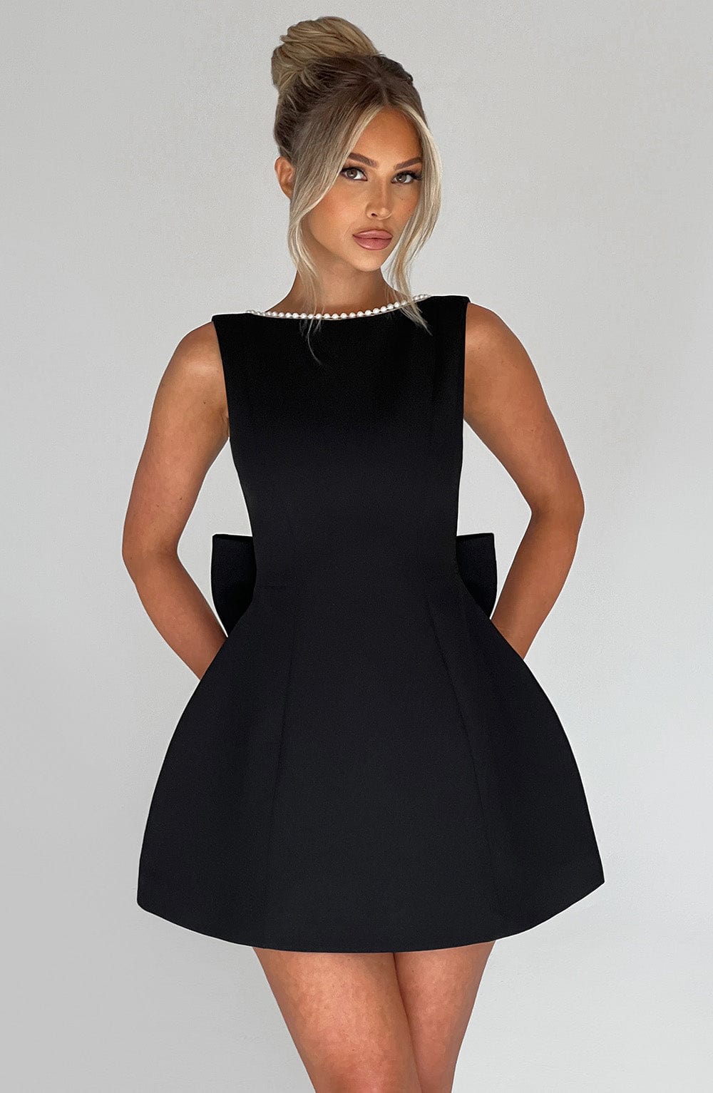 Women's Pearl Trim Boat Neck Bow Back Mini Dress - product image 2