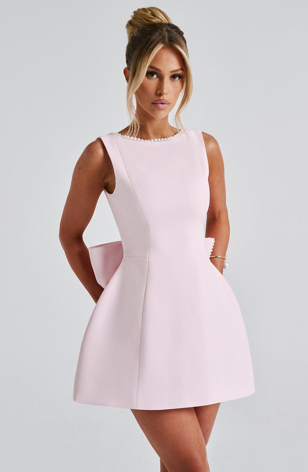 Women's Pearl Trim Boat Neck Bow Back Mini Dress - product image 4