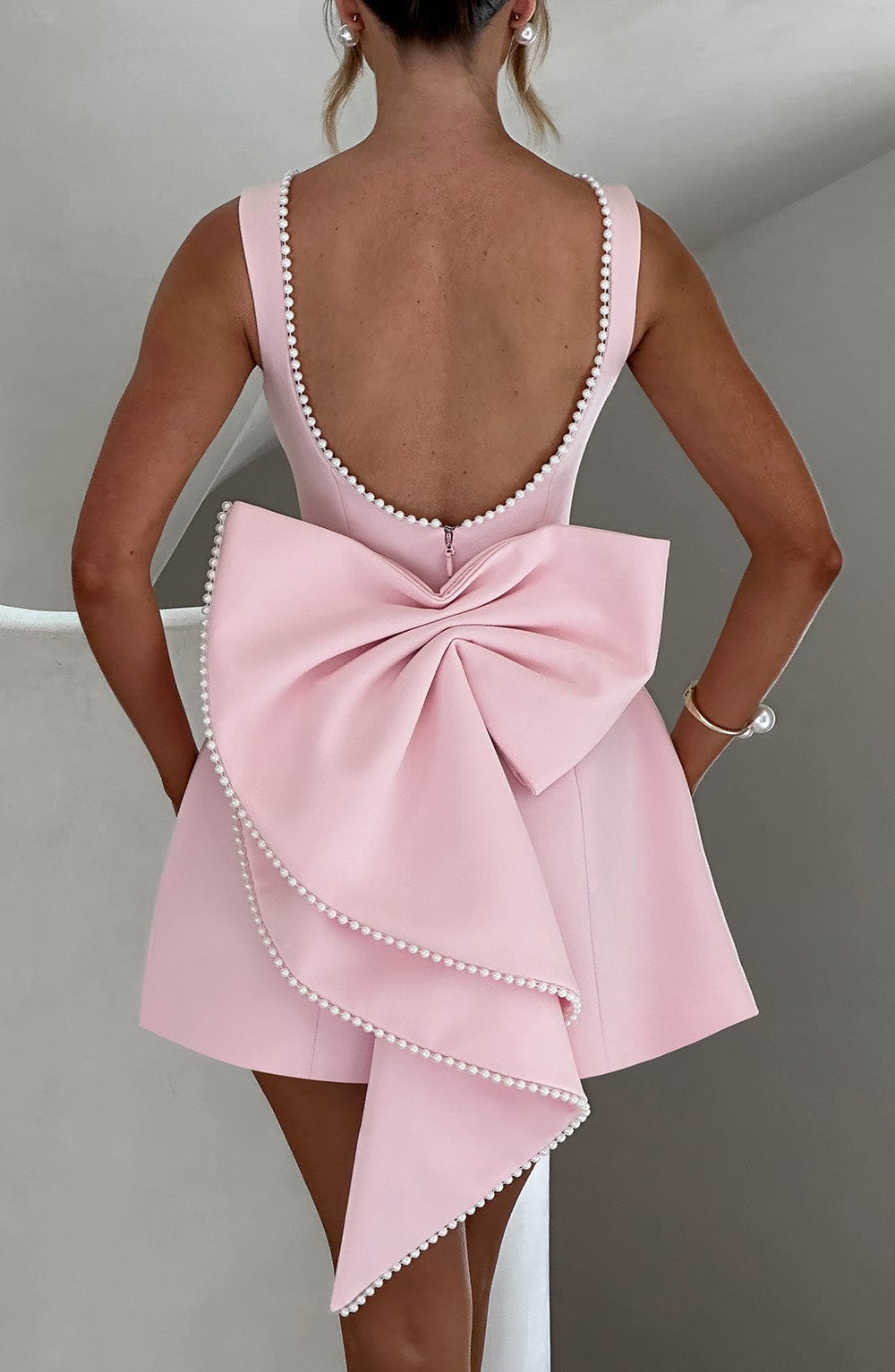Women's Pearl Trim Boat Neck Bow Back Mini Dress - product image 5