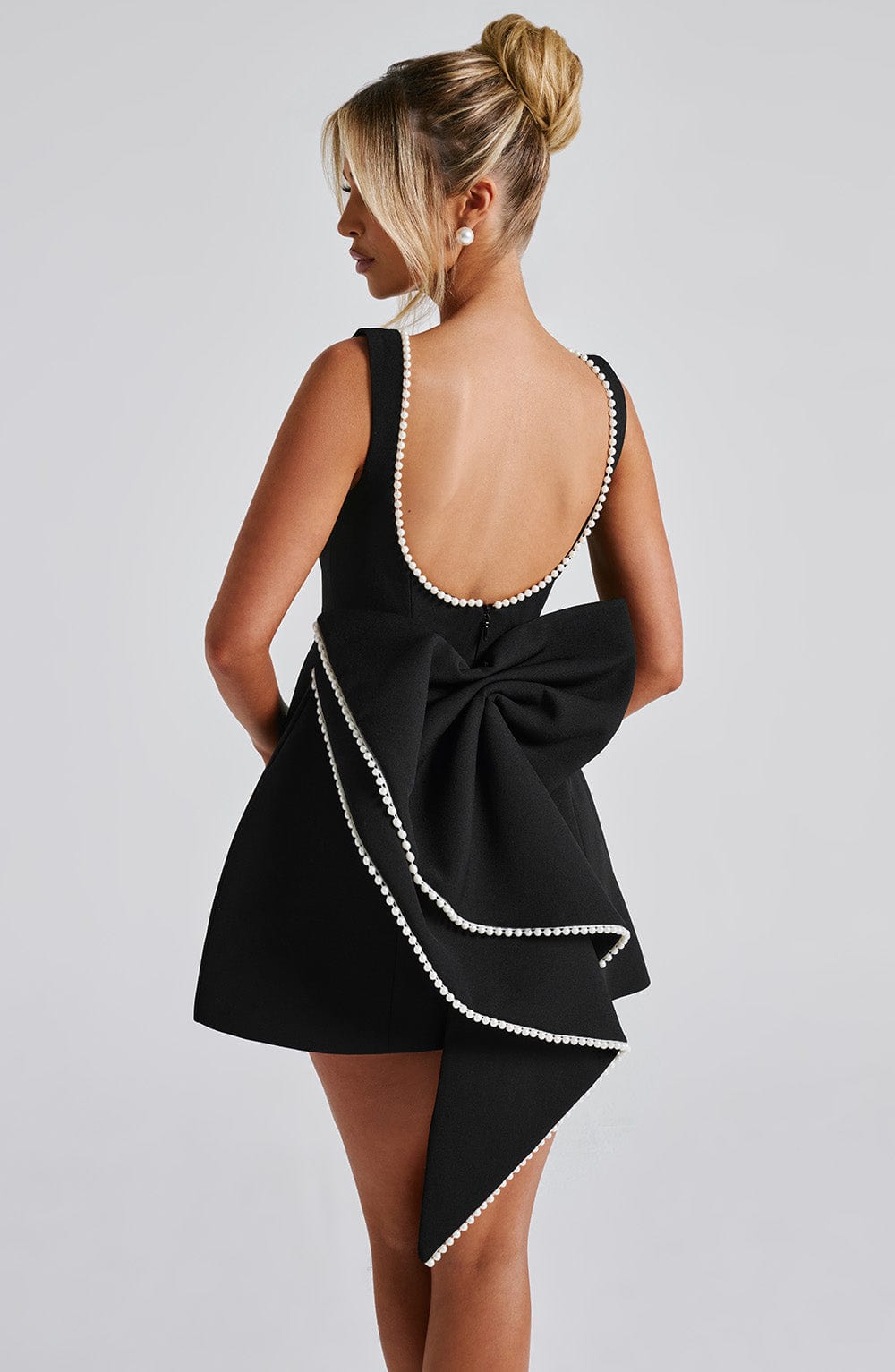 Women's Pearl Trim Boat Neck Bow Back Mini Dress - product image 6