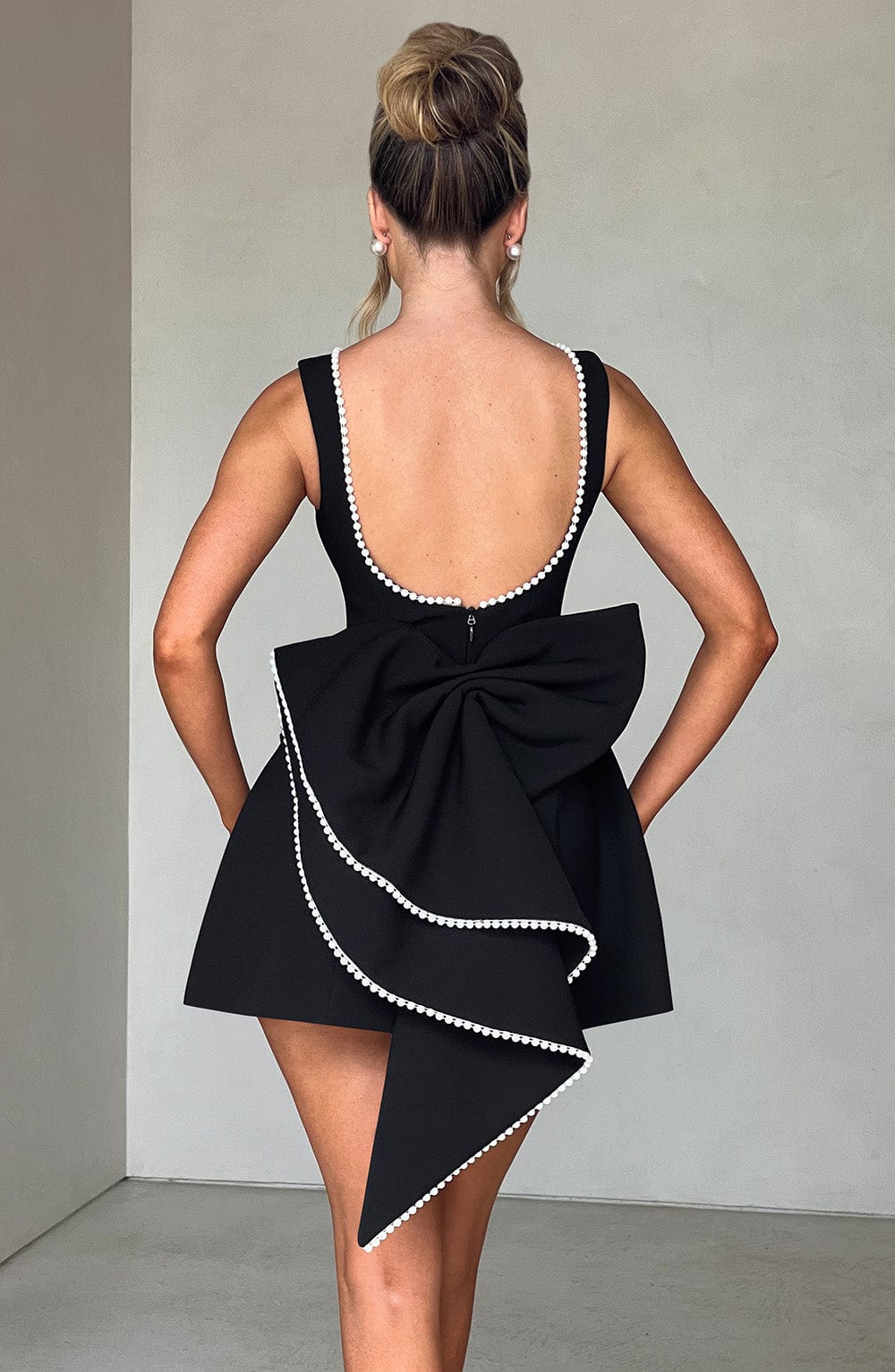 Women's Pearl Trim Boat Neck Bow Back Mini Dress - product image 7