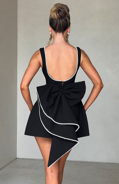 Women's Pearl Trim Boat Neck Bow Back Mini Dress - product image 7