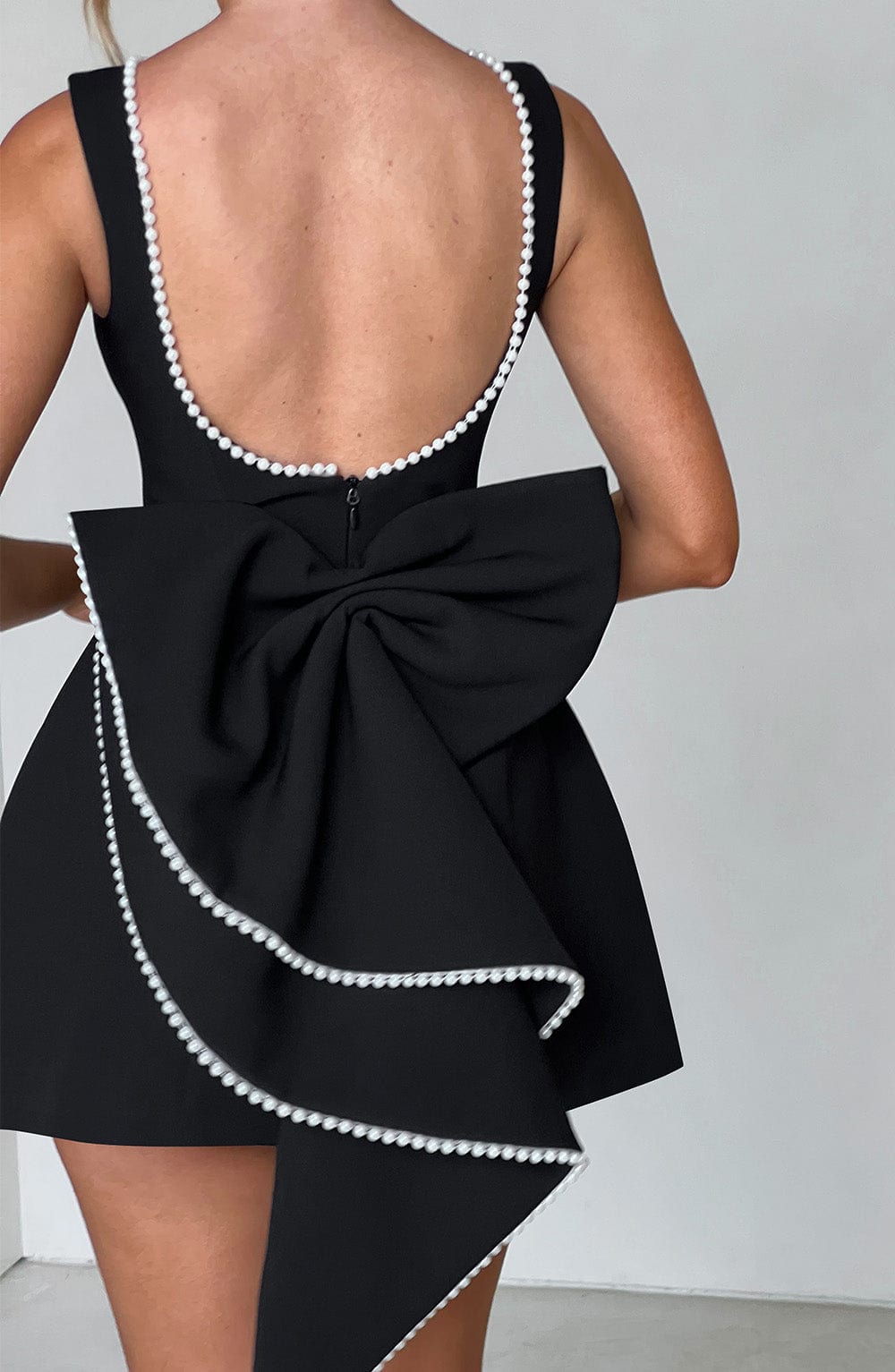 Women's Pearl Trim Boat Neck Bow Back Mini Dress - product image 8