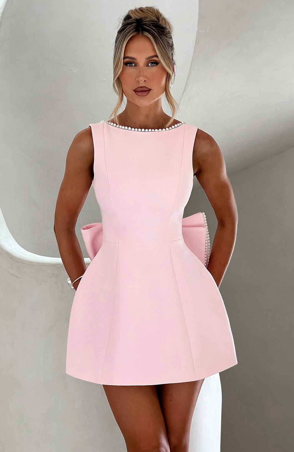 Women's Pearl Trim Boat Neck Bow Back Mini Dress - product image 1