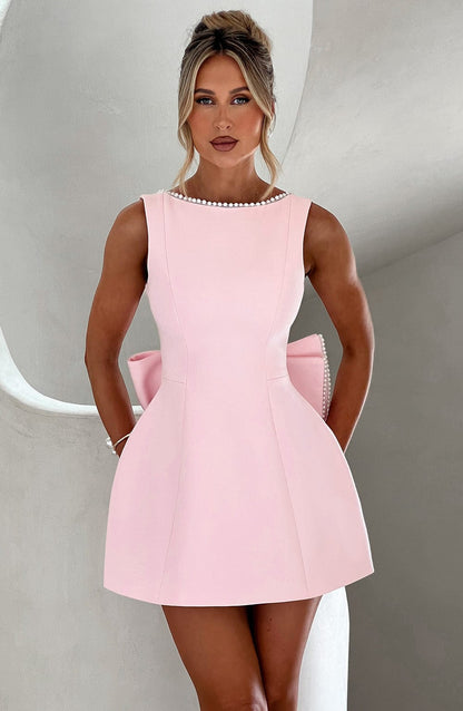 Women's Pearl Trim Boat Neck Bow Back Mini Dress - product image 1