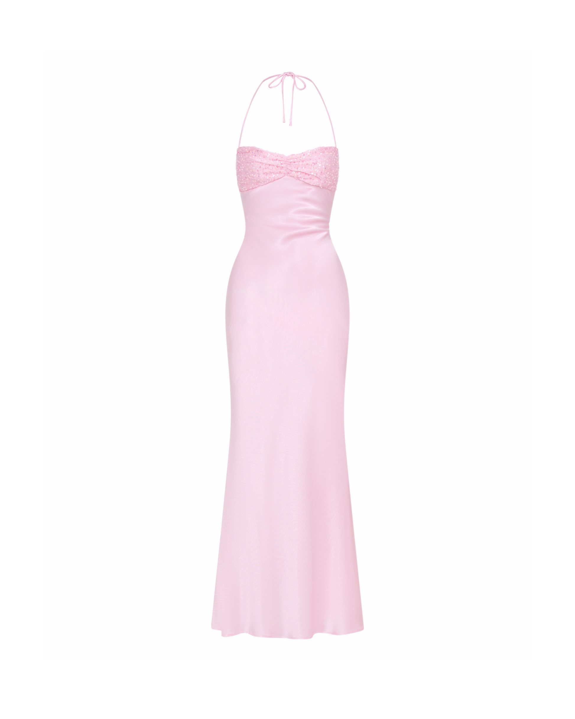 Flat lay of a women's pink sequin halter neck backless maxi dress, showcasing the full garment.