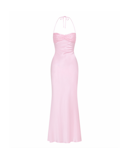 Flat lay of a women's pink sequin halter neck backless maxi dress, showcasing the full garment.